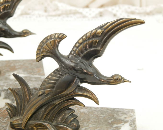 Antique French Art Deco Bronze Colored Metal Stylized Ducks on Marble Bookends, Bird Book Buttresses From France, Animal Book Supports