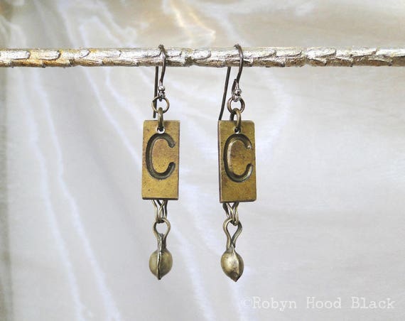 Letter C Earrings Vintage Brass One of a Kind with Kuchi