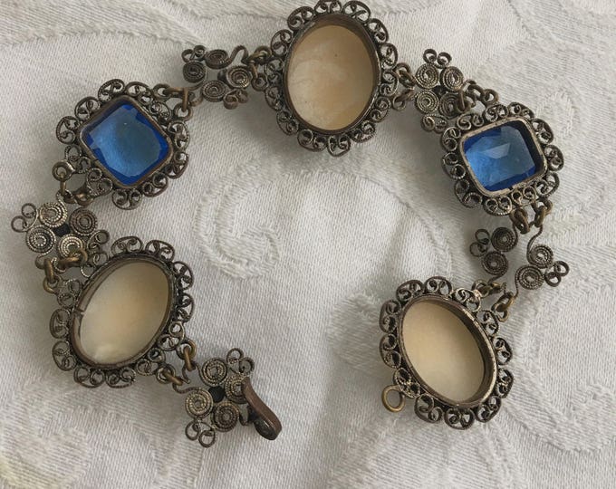 Antique Cameo Bracelet, Filigree Wire Work, Cobalt Glass Stones, Antique Cameo Jewelry