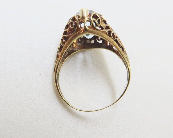 Art Deco 14K Blue Topaz Ring, Vintage Art Deco Ring, 14K Gold Filigree, Mine Cut Diamonds, Engagement Ring