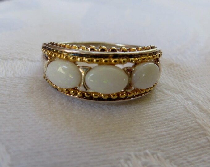 Sterling Silver Opal Ring, Triple Opal Stones, Gold wash Beading, Size 6 Ring, Vintage Opal Jewelry