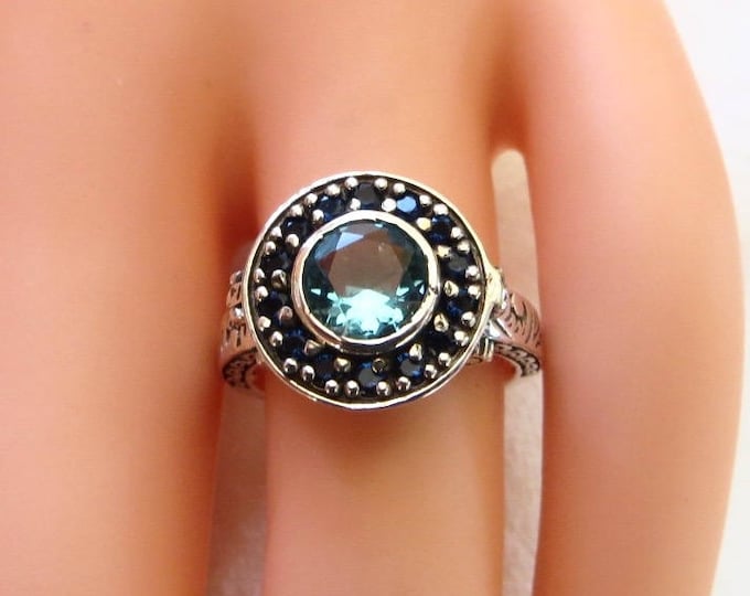 Poison Ring Aquamarine Sterling Filigree March Birthstone Blue Sapphire Stones Keepsake Secret Compartment Ring, Size 6