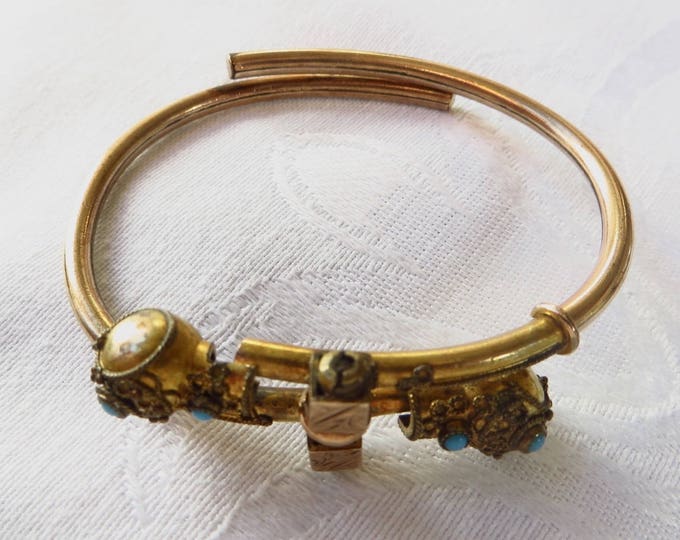 Victorian Wedding Bracelet, Etruscan Style, Gold Filled, Turquoise Stones, Bridal Bracelet