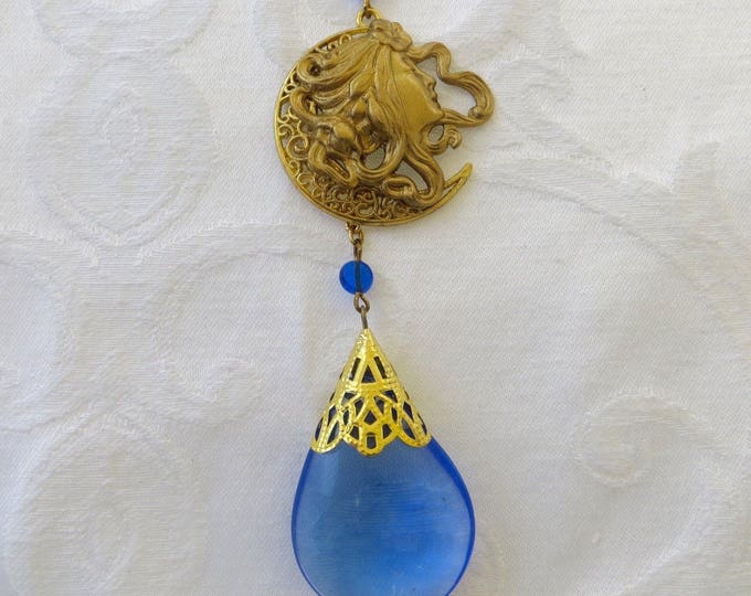 Art Nouveau Necklace, Moon Goddess Pendant, Celestial Moon Necklace, 30" Chain, Art Nouveau Jewelry, Festival Necklace