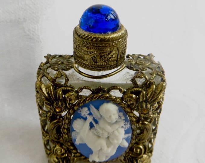 Mini Perfume Bottle, Filigree Casing, Cherub Cameo Front, Cobalt Cabochon Lid, Vintage Perfume Holder