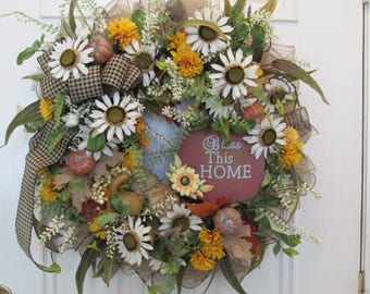 Fall Wreath With Bless This Home Sign, Thanksgiving Wreath, Home Decor Wreath With White Sunflowers, Grapevine Wreath With Deco Mesh Ruffles