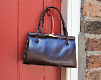 50s Ackery handbag / 1950s Kelly bag / vintage brown leather purse / Elbief bag frame