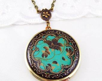 Teal Flower Brass Locket, New Brass Photo Locket, Flower Locket,Green Locket,Holiday Gift For Her.