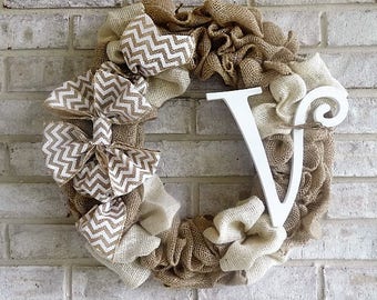 Monogrammed Natural and Ivory Burlap Wreath. 18.5" Home decor. All seasons Wreath