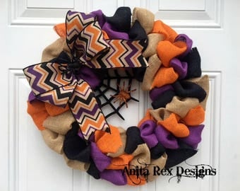 Halloween Burlap Wreath, Halloween Wreath, Orange Black Purple Burlap Wreath, Halloween Decor