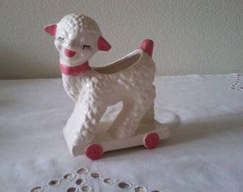 Pink and white ceramic lamb planter, "Princess Planter"