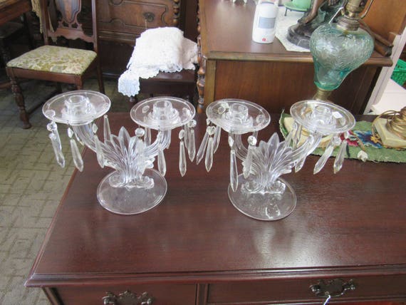 Glass double candleholders with chandelier drops