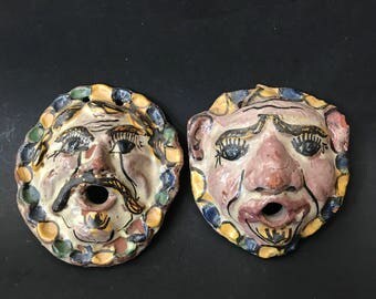 Pair Hand Painted Fired Pottery Faces,Italy c.1910