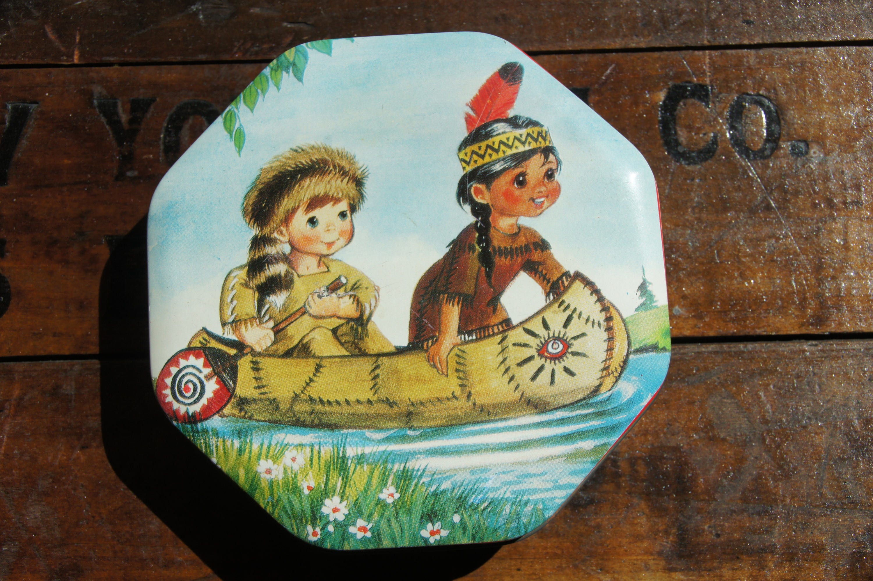 Candy Tin With Native American Indian Girl & Young Davy