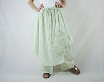 Pants With Skirt - Azo Free Color Light Green Light Cotton Pants With Skirt And Floral Applique & Handed Embroidery - P023