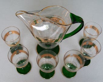 Green Gold Vintage Glass Pitcher & 6 Glasses