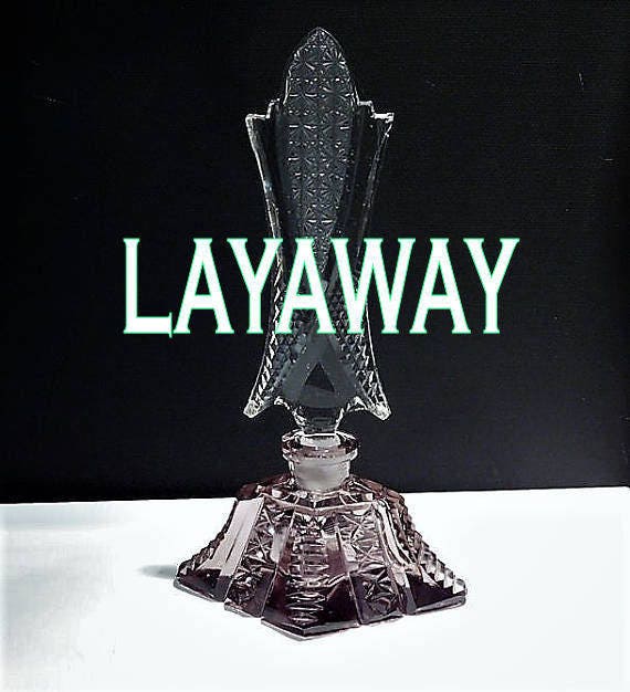 LAYAWAY Czech Perfume Bottle Art Deco 1920s 1930s Cut Amethyst Crystal Glass Czechoslovakia Antique Vintage Vanity Cologne Bohemian
