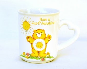 Vintage 1980s Care Bears Funshine Bear Mug Heart Shaped Handle Yellow Cup of Sunshine Coffee Tea Cup Gift