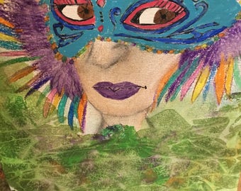 Painting of a woman in a Mardi Gras mask.
