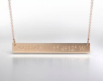 Engraved Coordinate Bar Necklace - Custom Coordinates Jewelry - Gold, Rose Gold, or Sterling - Custom Engraving - Engraved Jewelry