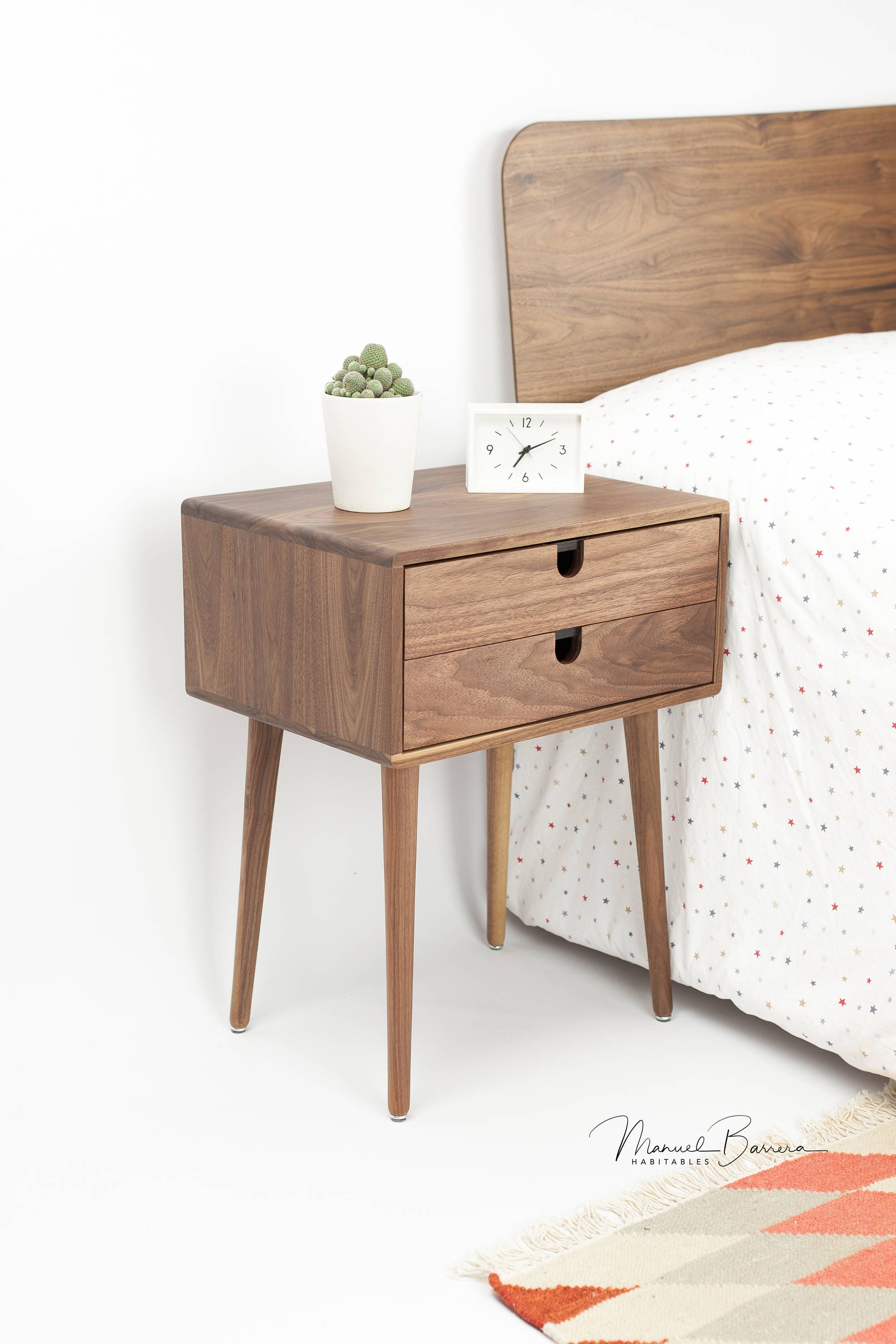 MidCentury Modern Solid Walnut Nightstand with double drawers