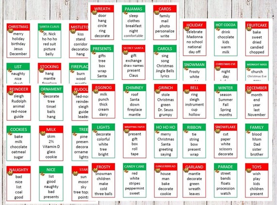 Printable Christmas Holiday Taboo Game Cards Instant Download Game 