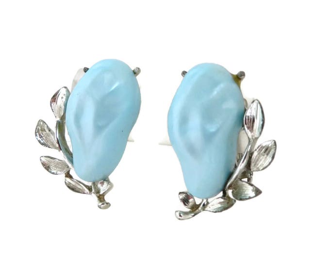 BSK Blue Lucite Earrings, Vintage Light Blue Silver Tone Leaf Clip-on Earrings, Kidney Shape Earrings
