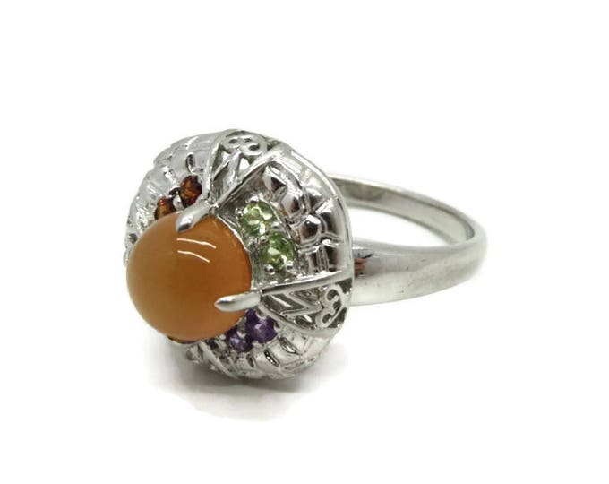 Cocktail Ring, Vintage Sterling Silver Ring, Orange Cabochon Ring, Size 11, Gift for Her
