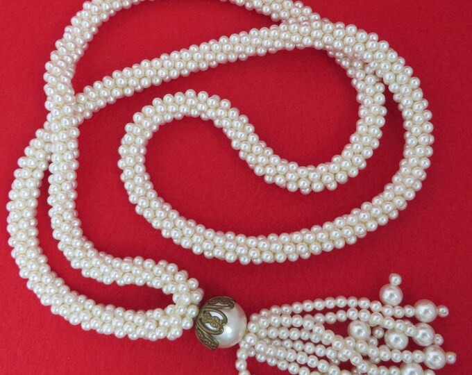 Faux Pearl Tassel Necklace, Vintage White Beaded Necklace, Long Necklace, Multistrand Necklace