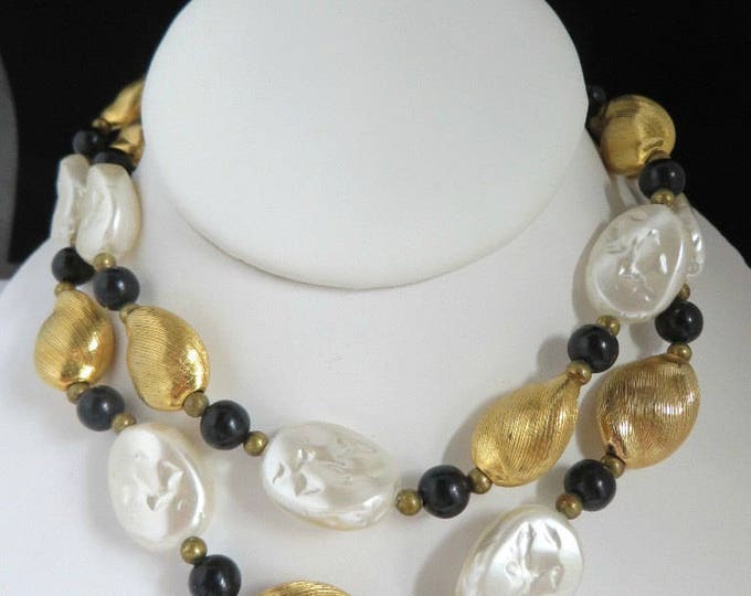 Vintage Glass Necklace, Tricolor, Black White Gold, 29 Inch Length Grooved Dimpled Bead Necklace