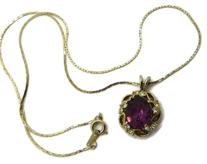 Amethyst Glass Pendant, Vintage Korean Gold Tone Necklace Faceted Glass Pendant