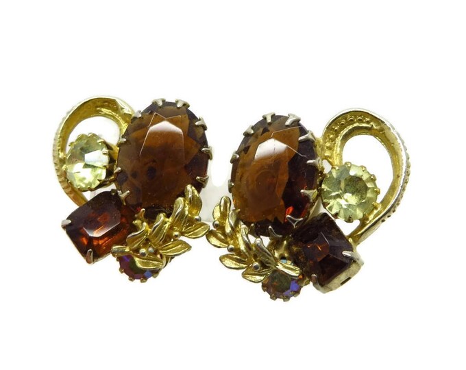 Weiss Amber Rhinestone Earrings - Vintage Amber, Champagne Rhinestone Earrings, Signed Designer Clip-ons, Gift for Her