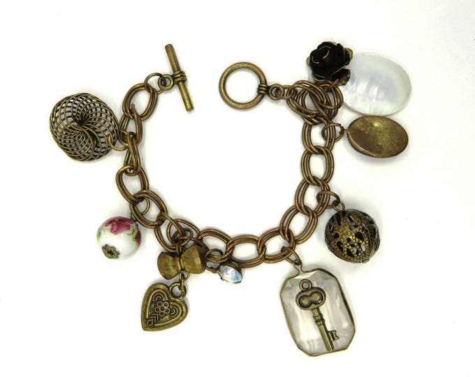Charm Bracelet, Vintage Copper, Cameo, Key, Rose, MOP, Porcelain, Rhinestone Charms, Gift for Her