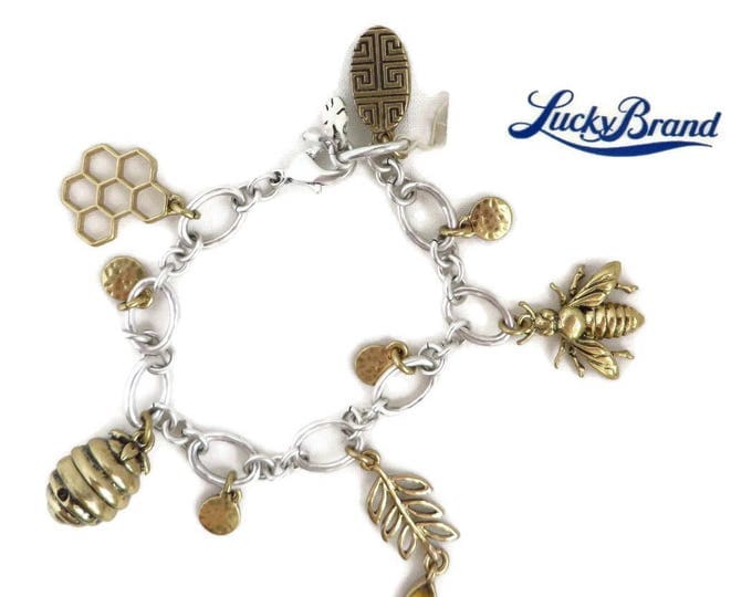Charm Bracelet - Lucky Brand Bracelet, Bee, Honey, Hive, Honeycomb Charms Silver Tone Bracelet, Gift for Her, Gift Boxed