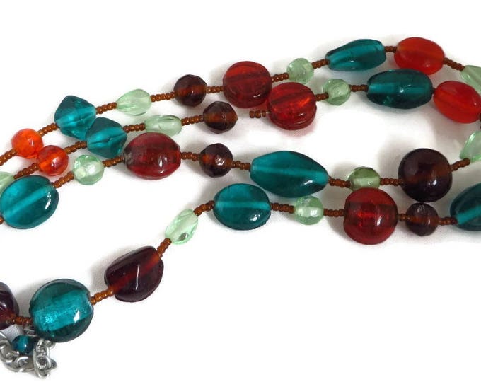 Vintage Multicolor Beaded Necklace, Long Boho Bead Necklace