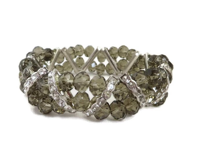 Vintage Smoky Gray Stretch Bracelet, Rhinestone Bracelet, Gray Beaded Bangle