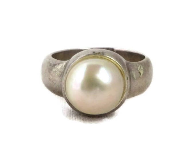 Vintage Pearl Ring, Sterling Silver Wide Band Antique Finish Estate Ring Size 6