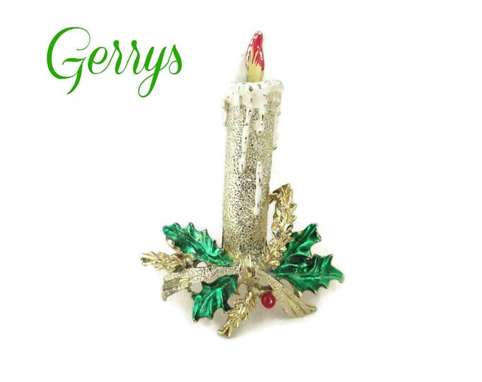 Vintage Brooch - Gerrys Christmas Candle Brooch, Holly Berry Bow Enamel Gold Tone Pin