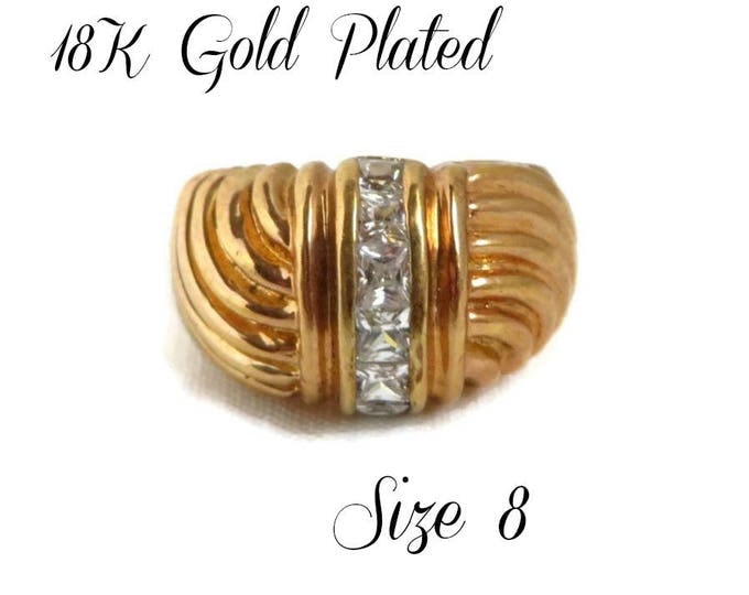 Vintage Gold Plated Dome Ring, 18K Gold Plated Rhinestone Studded Cocktail Ring, Size 8