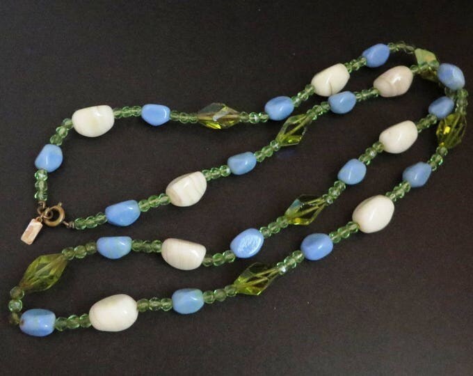 Signed Hattie Carnegie Necklace | Vintage Art Glass | Cream Blue Green Glass Beaded Necklace