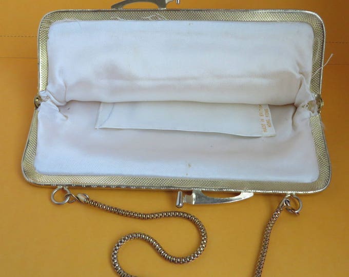 Vintage White Beaded Purse - Faux Pearls & Sequins, British Hong Kong Chain Handled Evening Bag, Disco Handbag, Gift for Her