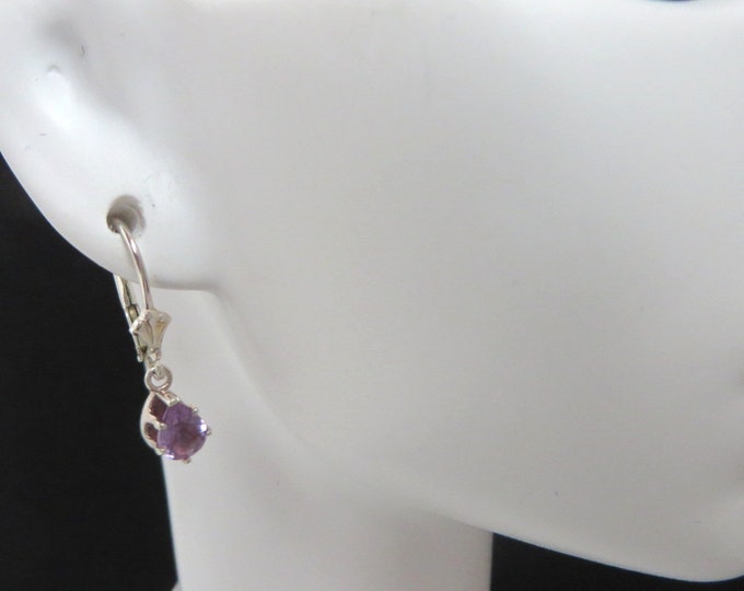 Sterling Silver Faux Amethyst Earrings, Vintage Pierced Leverback Dangling Earrings