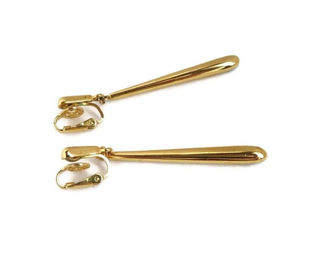 Long Dangling Earrings, Vintage Clip-ons, Crown Trifari Dangling Rod Earrings, Vintage Shiny Gold Tone Clip-on Earrings