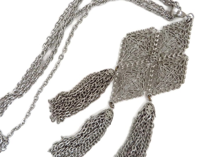 Tassel Necklace, Vintage Pendant Necklace, Silver Tone Double Chain Link Necklace, Large Filigree Pendant, Boho Statement Jewelry Tassel Necklace, Vintage Pendant Necklace, Silver Tone Double Chain Link Necklace, Large Filigree Pendant, Boho Statement Jewelry