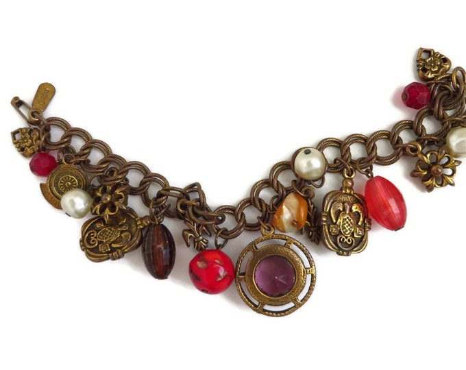 Charm Bracelet, Beaded Bracelet, Vintage Beads, Medallions, Faux Pearls Copper Tone Bracelet, Gift For Her