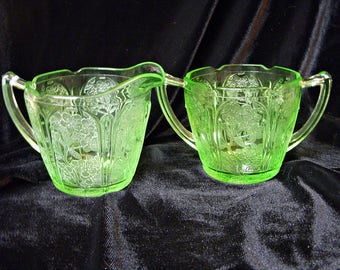 JEANNETTE CHERRY BLOSSOM Uranium Green Glass Cream and Sugar