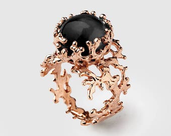 CORAL Black Onyx Ring, Rose Gold Onyx Ring, Women's Onyx Ring, Rose Gold Statement Ring, Black Gemstone Ring