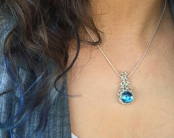 SALE 20% Off - CORAL London Blue Topaz Pendant Necklace, Large Blue Topaz Necklace, Unique Silver Pendant, Statement Necklace Blue Topaz Sil