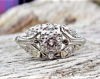 Art Deco Engagement Ring .42ct Diamond Engagement Ring Unique Engagement Ring Antique Vintage 14k White Gold
