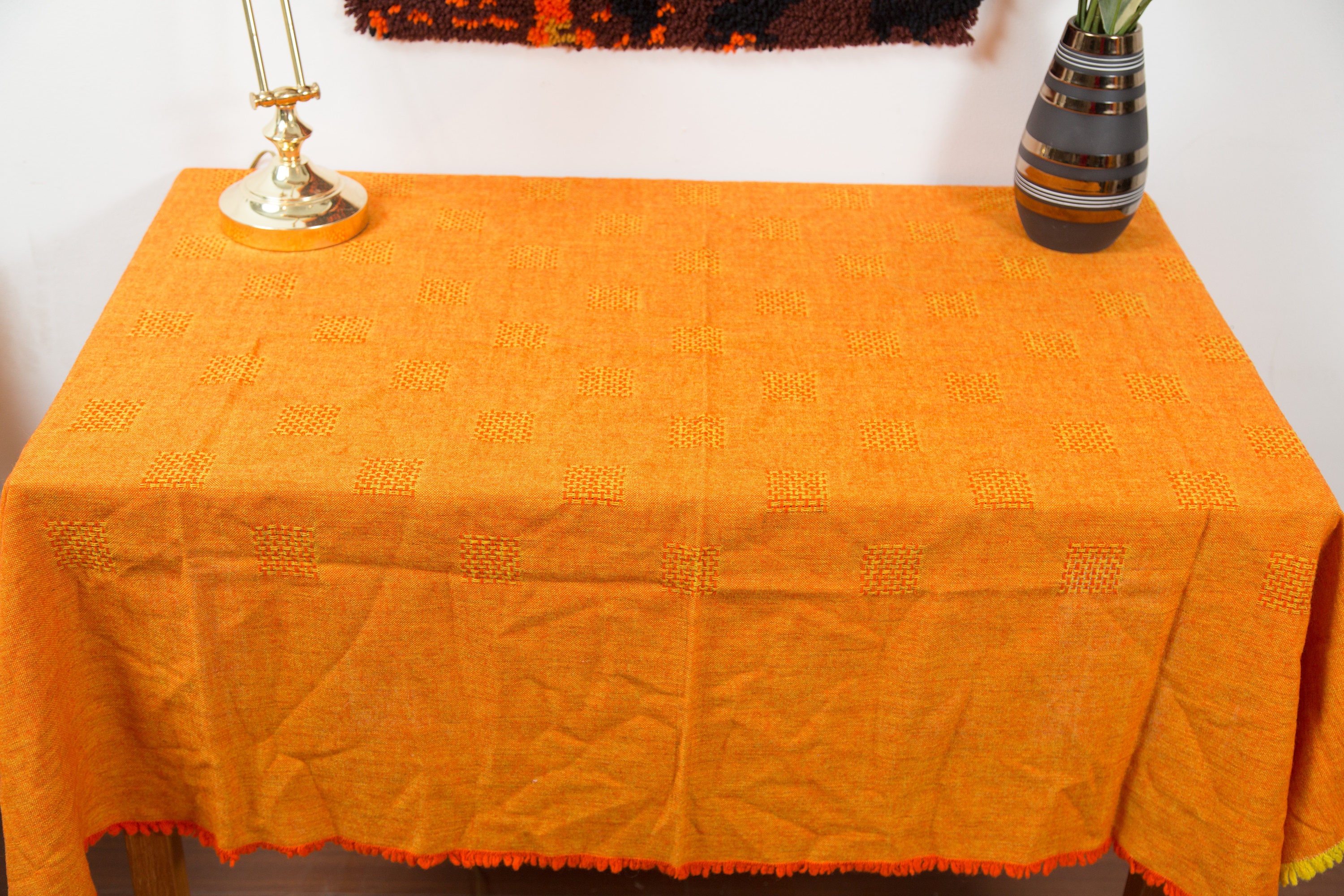 Vintage Burnt Orange Tablecloth 1970 s Square Criss Cross Pattern